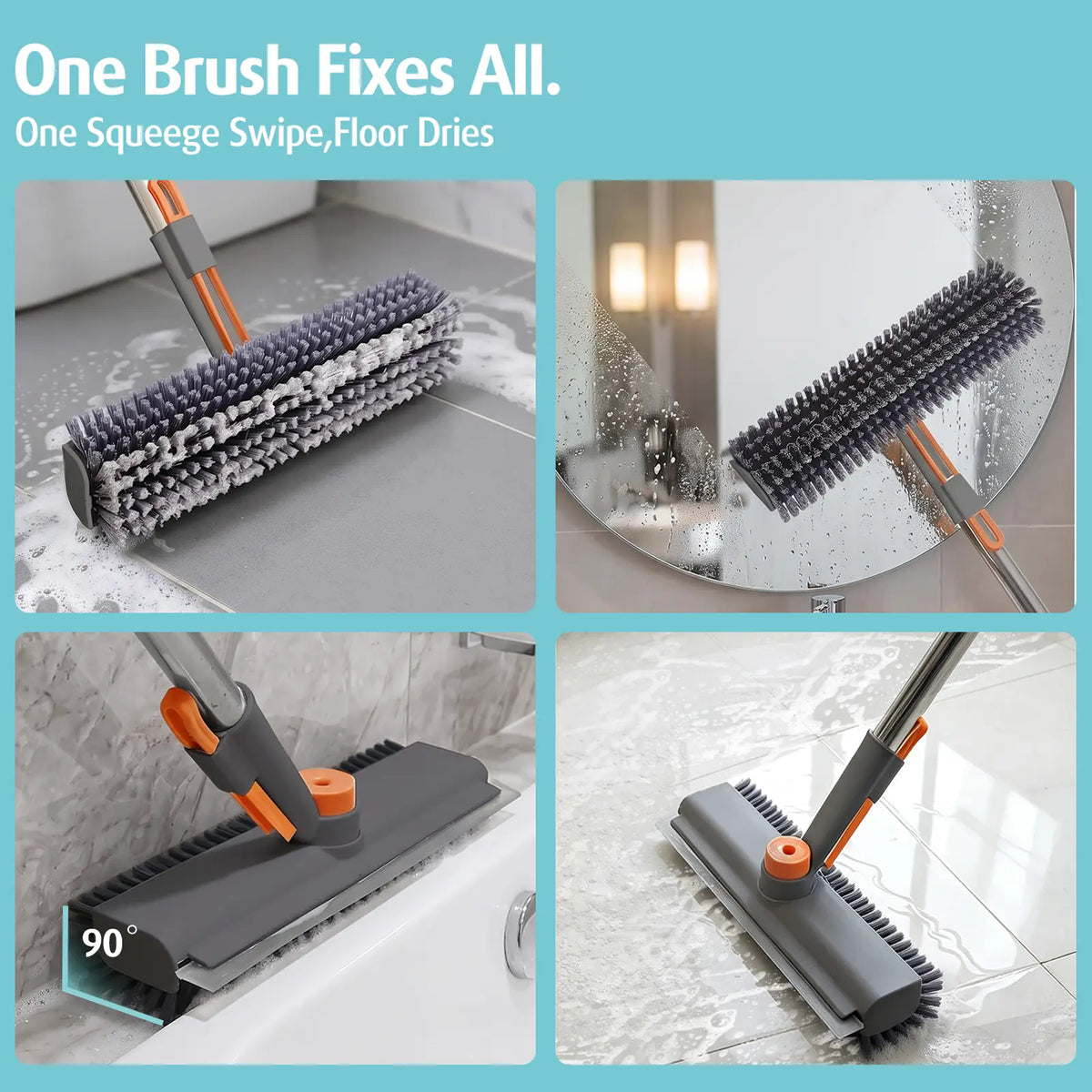 AIR U Floor Scrub Brush with Multi-Purpose Long Handle 3 in 1 360°Rotating Scrape and Heavy-Duty Stiff Bristle Scrubber Brush for Bathtub Cleaning Shower Bathroom Patio Garage Kitchen Deck Cleaning Supplies Home Essential Items Halloween Cleanup Gift