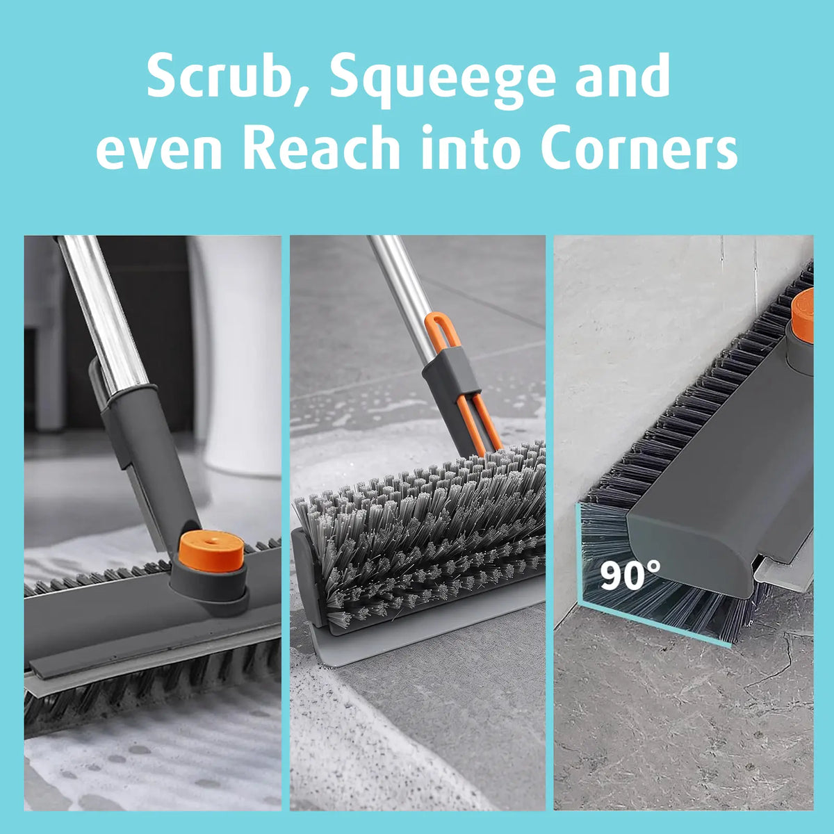 AIR U Floor Scrub Brush with Multi-Purpose Long Handle 3 in 1 360°Rotating Scrape and Heavy-Duty Stiff Bristle Scrubber Brush for Bathtub Cleaning Shower Bathroom Patio Garage Kitchen Deck Cleaning Supplies Home Essential Items Halloween Cleanup Gift
