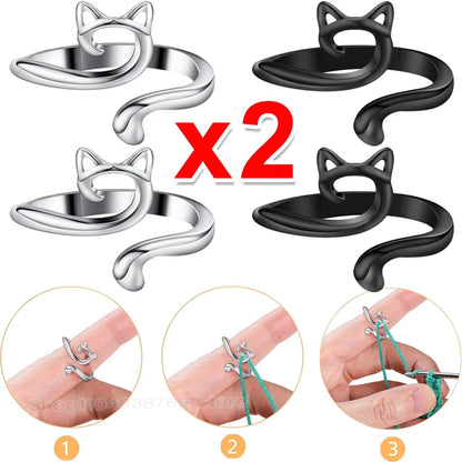 Knitting Crochet Hook Ring 1/2Pcs Adjustable Crochet Tension Cat Ring Beginneryarn Guide Finger Holders Thimbles Winder Tools