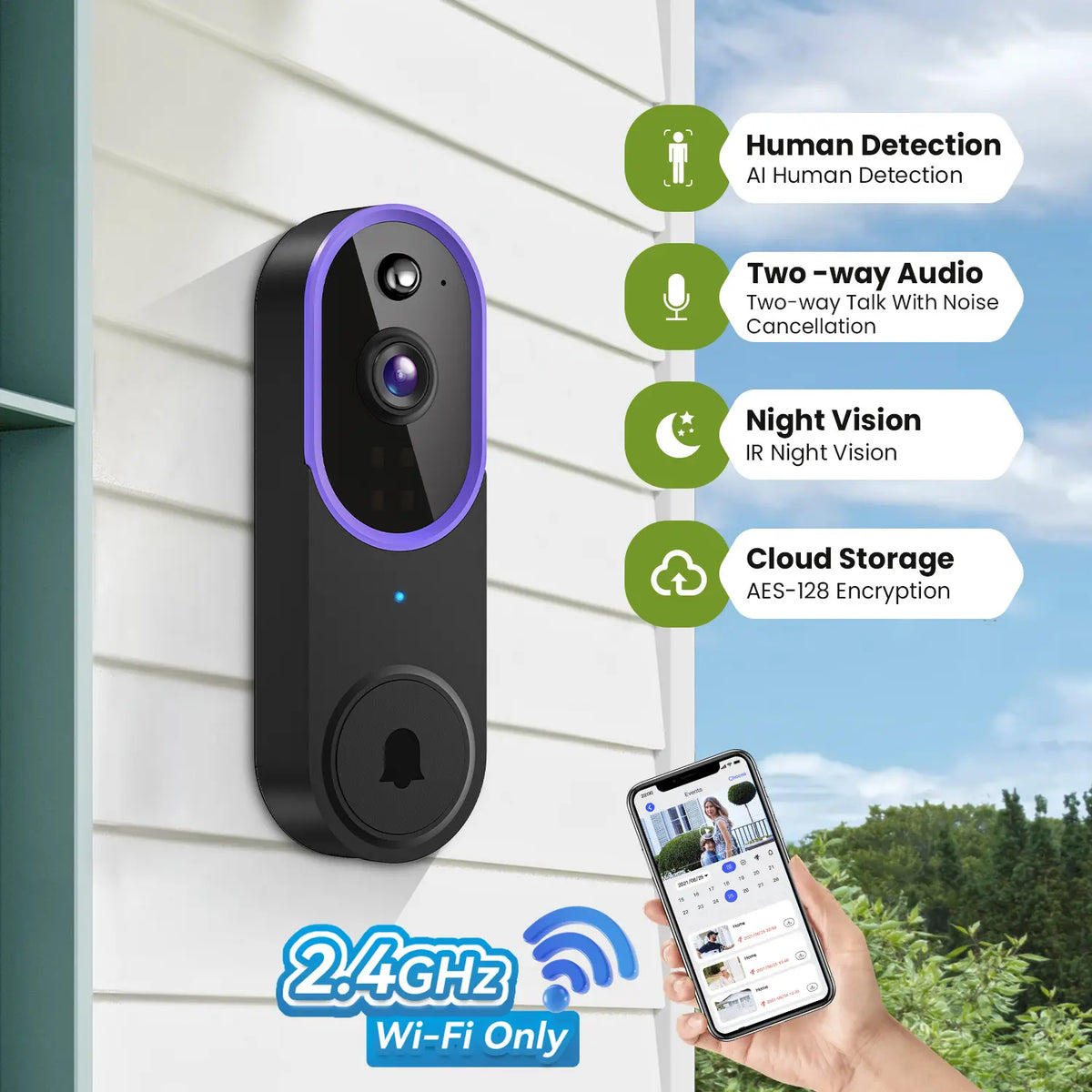 Wireless Video Doorbell Camera - 1080P Smart Outdoor Security Gadget with AI Human Detection, Night Vision, Instant Alert, 2-Way Audio, 2.4G Wifi Only, Easy Installation, Rechargeable Battery, Cloud Storage
