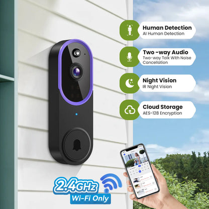 Wireless Video Doorbell Camera - 1080P Smart Outdoor Security Gadget with AI Human Detection, Night Vision, Instant Alert, 2-Way Audio, 2.4G Wifi Only, Easy Installation, Rechargeable Battery, Cloud Storage