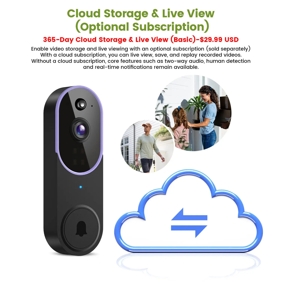 Wireless Video Doorbell Camera - 1080P Smart Outdoor Security Gadget with AI Human Detection, Night Vision, Instant Alert, 2-Way Audio, 2.4G Wifi Only, Easy Installation, Rechargeable Battery, Cloud Storage